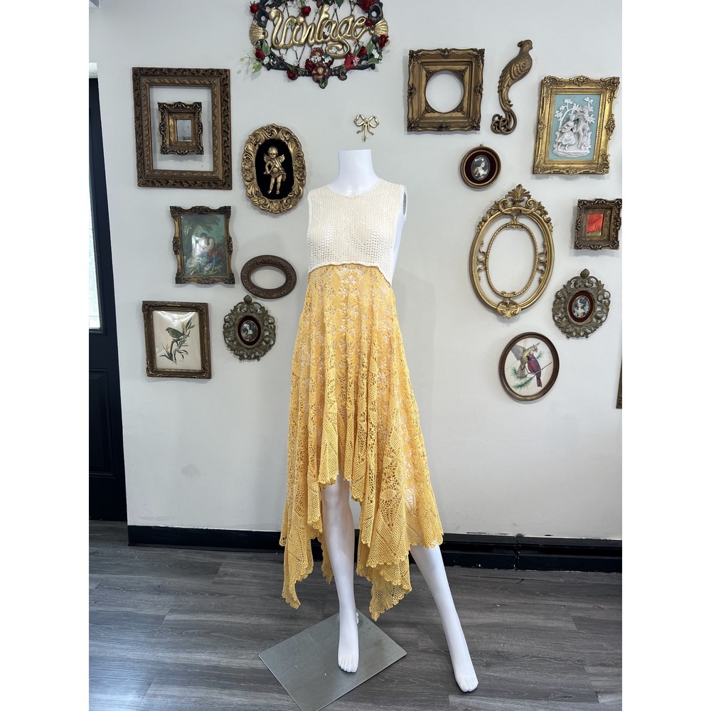 by.liv Boho Ivory Crochet Knit Yellow Lace Handkerchief Asymmetrical Dress Small